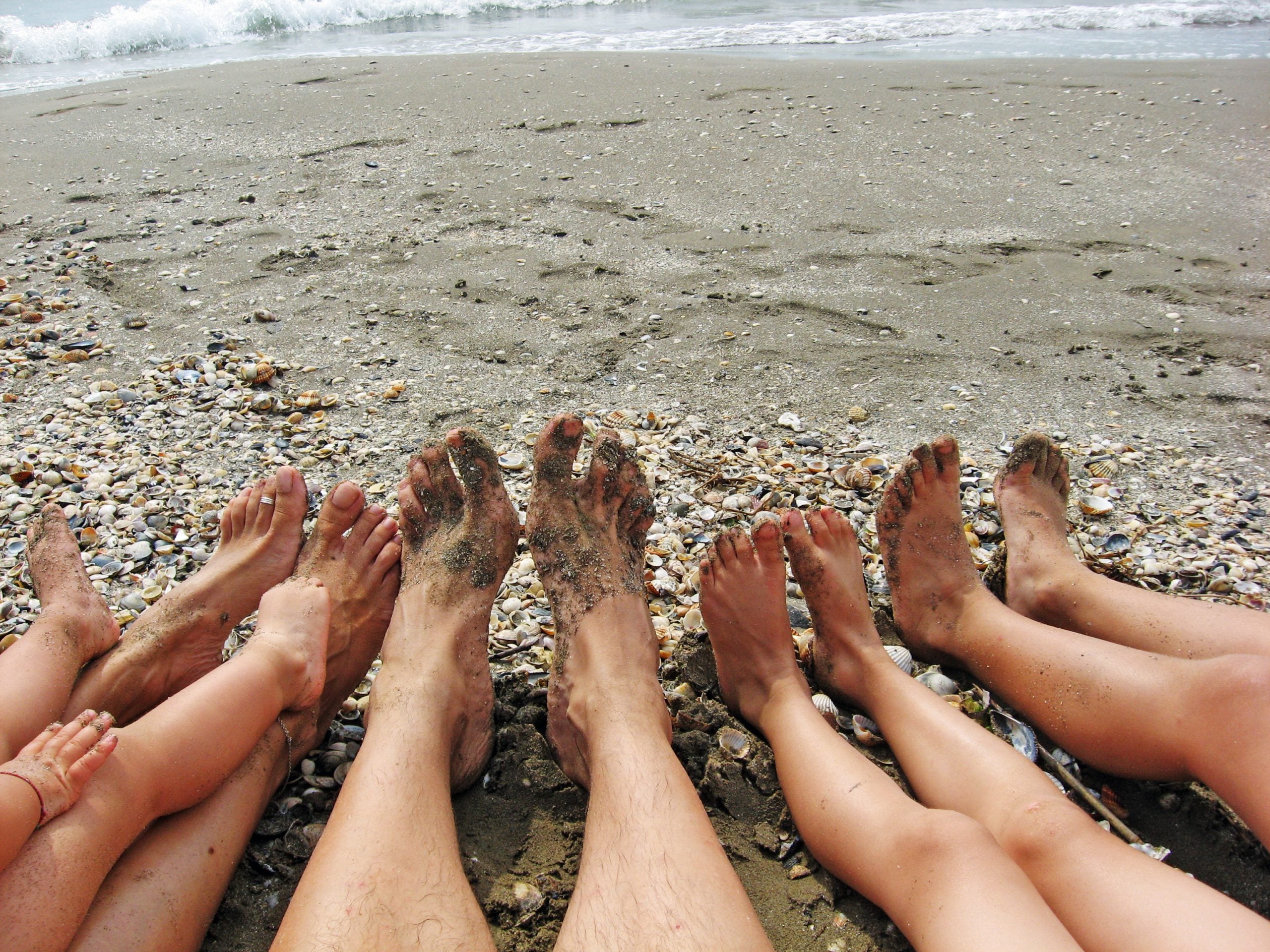 bare feet of a family on the shore of the Sea